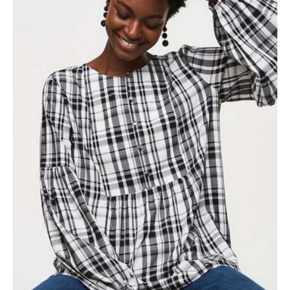 Loft Plaid Blouson Henley top Black & White Size M